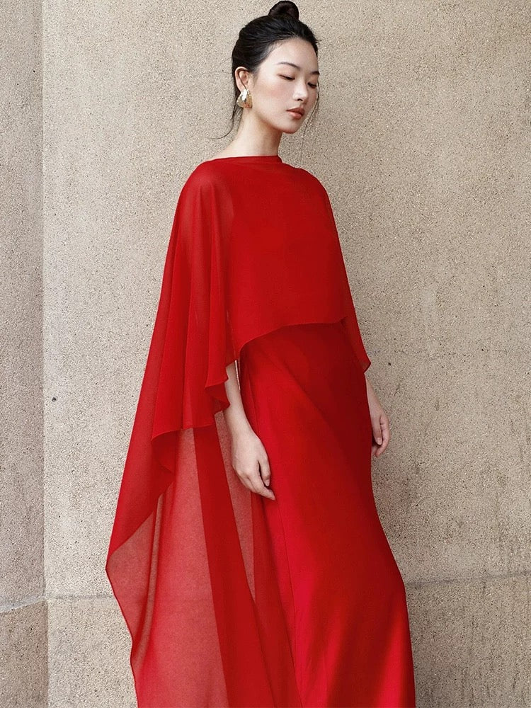 Elegant Mermaid Scoop Red Chiffon With Cape Date Night Outfits Semi Formal Prom Gown Evening Dresses RB5554