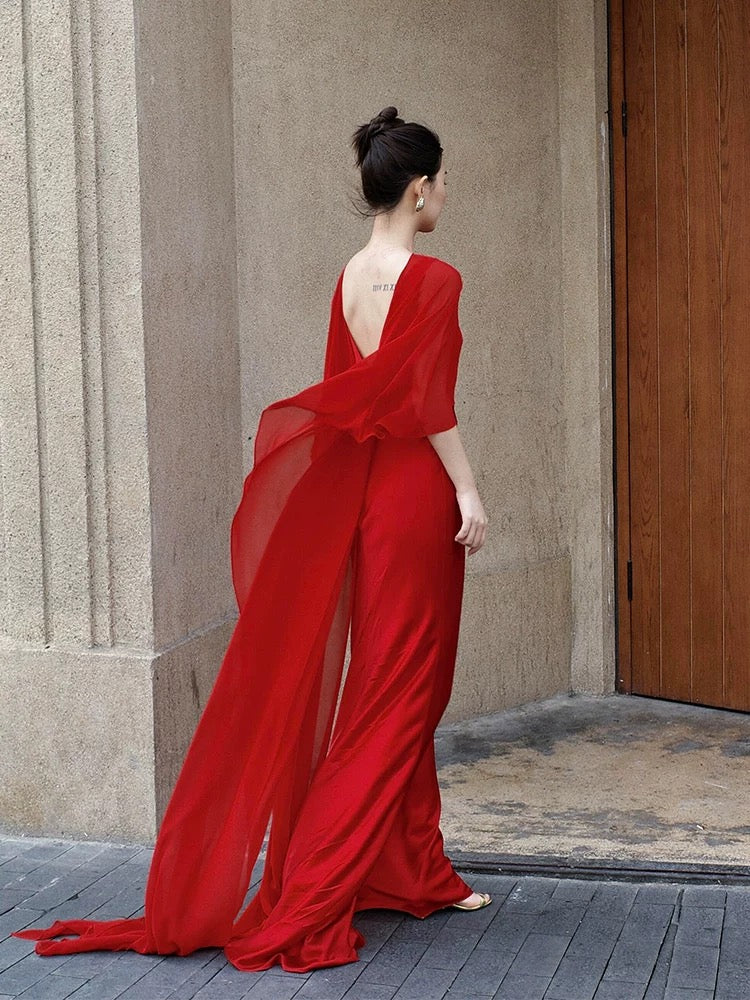 Elegant Mermaid Scoop Red Chiffon With Cape Date Night Outfits Semi Formal Prom Gown Evening Dresses RB5554