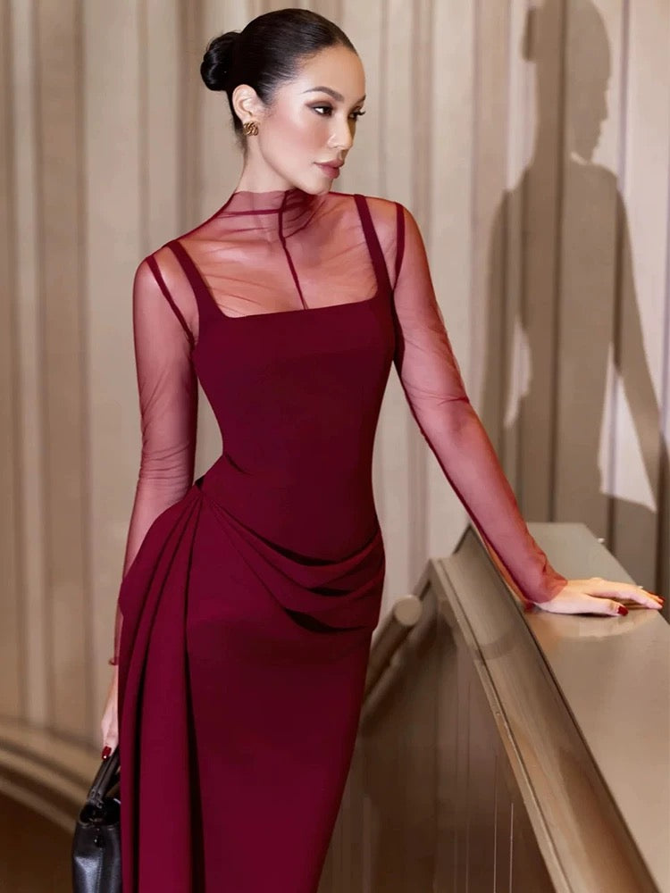 Elegant Mermaid Square Neck Burgundy With Ruffled Date Night Outfits Semi Formal Prom Gown Evening Dresses RB5558