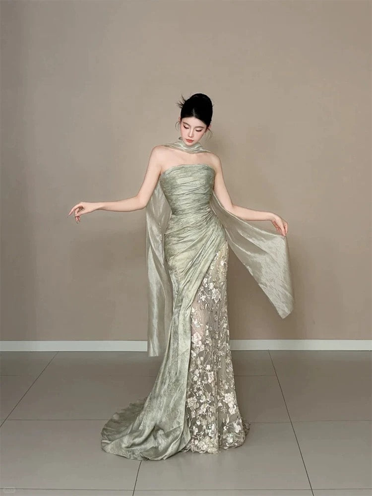 Elegant Mermaid Strapless Sage Green With Ruffled Lace Date Night Outfits Semi Formal Prom Gown Evening Dresses RB5560