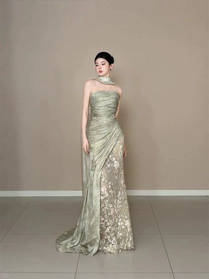 Elegant Mermaid Strapless Sage Green With Ruffled Lace Date Night Outfits Semi Formal Prom Gown Evening Dresses RB5560