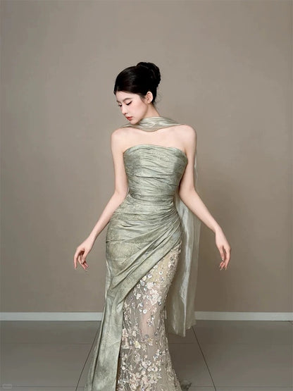 Elegant Mermaid Strapless Sage Green With Ruffled Lace Date Night Outfits Semi Formal Prom Gown Evening Dresses RB5560