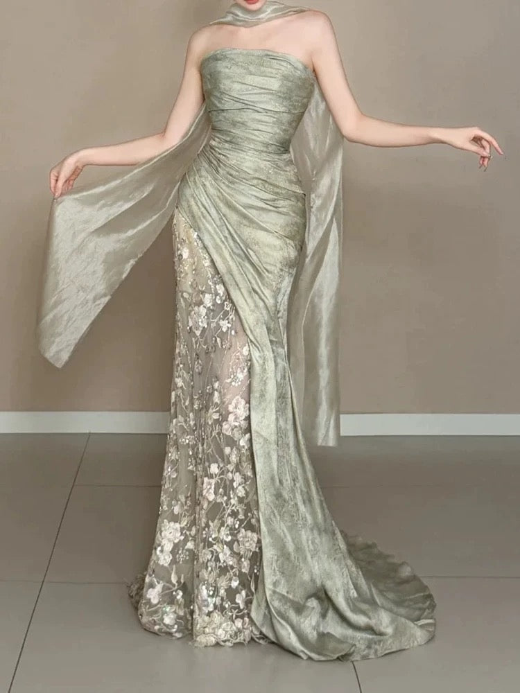Elegant Mermaid Strapless Sage Green With Ruffled Lace Date Night Outfits Semi Formal Prom Gown Evening Dresses RB5560
