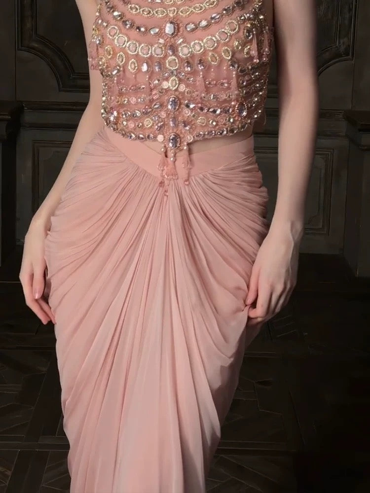 Elegant Mermaid High Neck Pink Chiffon With Beading Date Night Outfits Semi Formal Prom Gown Evening Dresses RB5562