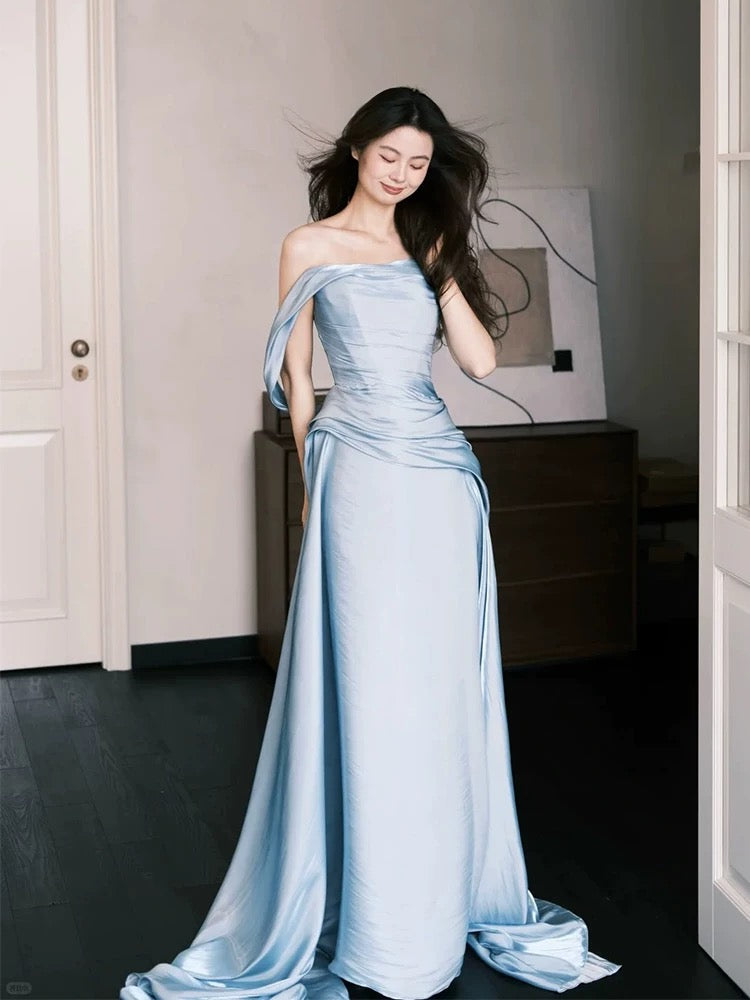 Elegant Mermaid Strapless Light Sky Blue With Ruffled Date Night Outfits Semi Formal Prom Gown Evening Dresses RB5564