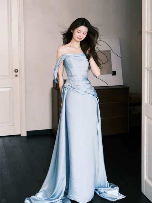Elegant Mermaid Strapless Light Sky Blue With Ruffled Date Night Outfits Semi Formal Prom Gown Evening Dresses RB5564