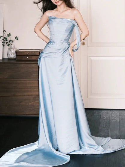 Elegant Mermaid Strapless Light Sky Blue With Ruffled Date Night Outfits Semi Formal Prom Gown Evening Dresses RB5564