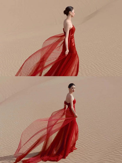 Chic Mermaid Strapless Red Tulle Wedding Bridal Dress Long Wedding Dresses RB5146