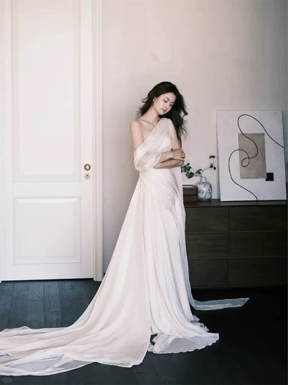 Chic Mermaid One Shoulder White Tulle Wedding Bridal Dress Long Wedding Dresses RB5147