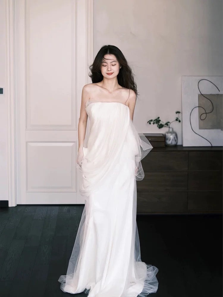 Simple Mermaid Strapless With Scarf White Tulle Wedding Bridal Dress Long Wedding Dresses RB5148