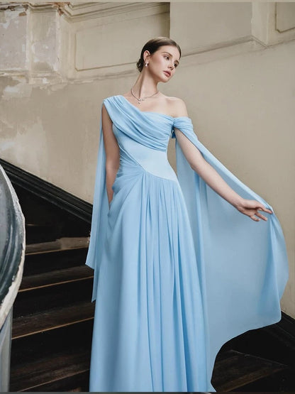 Stylish A Line One Shoulder Blue Chiffon With Scarf Long Floor Length Evening Dresses Inspo Evening Outfits RB5149