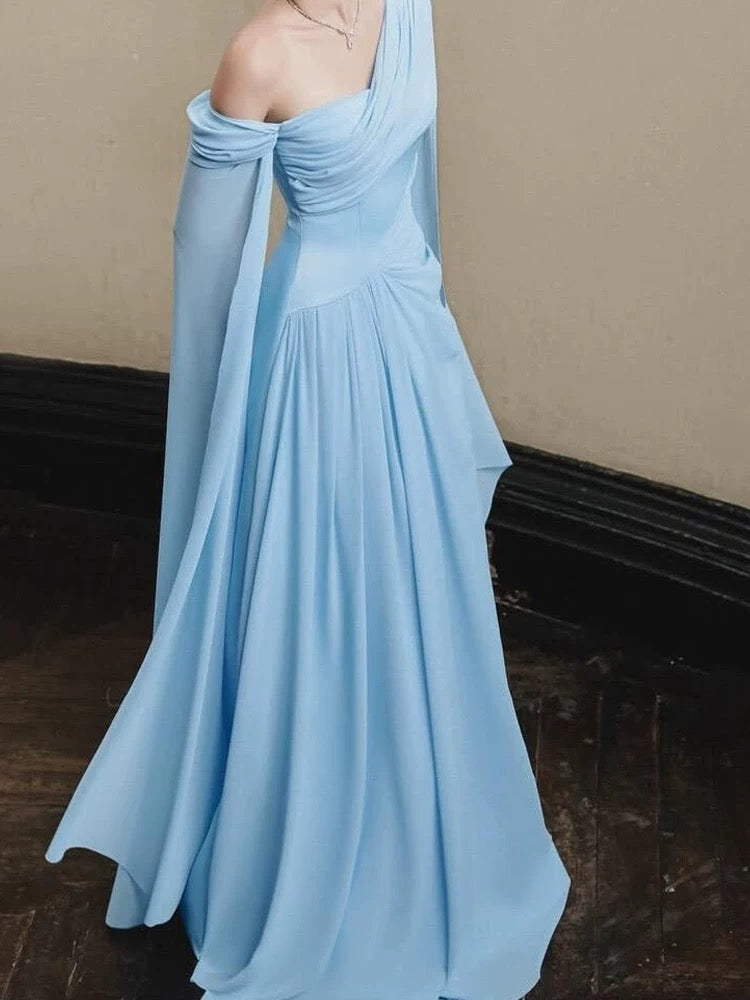 Stylish A Line One Shoulder Blue Chiffon With Scarf Long Floor Length Evening Dresses Inspo Evening Outfits RB5149