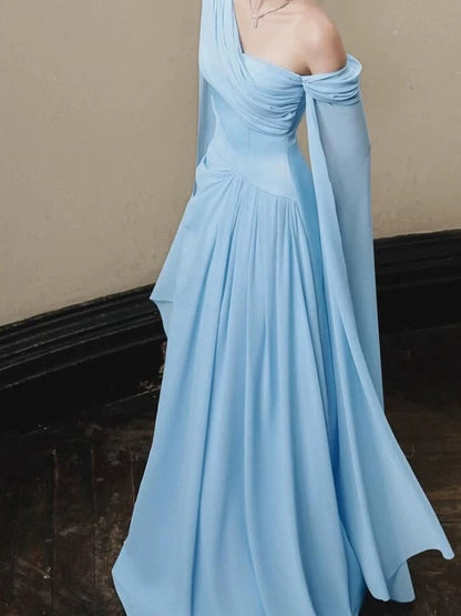 Stylish A Line One Shoulder Blue Chiffon With Scarf Long Floor Length Evening Dresses Inspo Evening Outfits RB5149