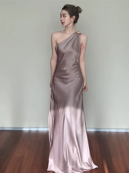 Stylish Mermaid One Shoulder Satin Backless Long Floor Length Evening Dresses Inspo Evening Outfits RB5150