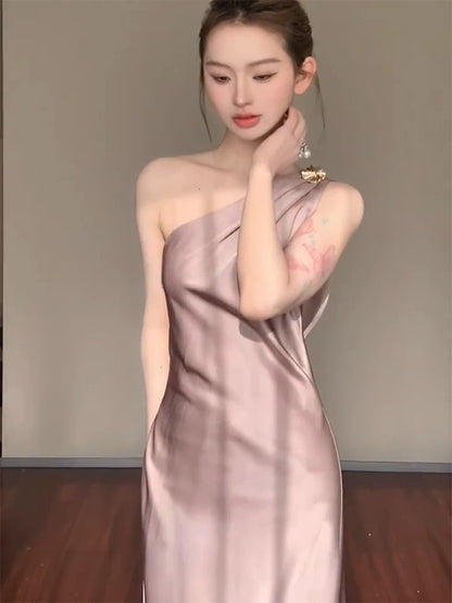 Stylish Mermaid One Shoulder Satin Backless Long Floor Length Evening Dresses Inspo Evening Outfits RB5150