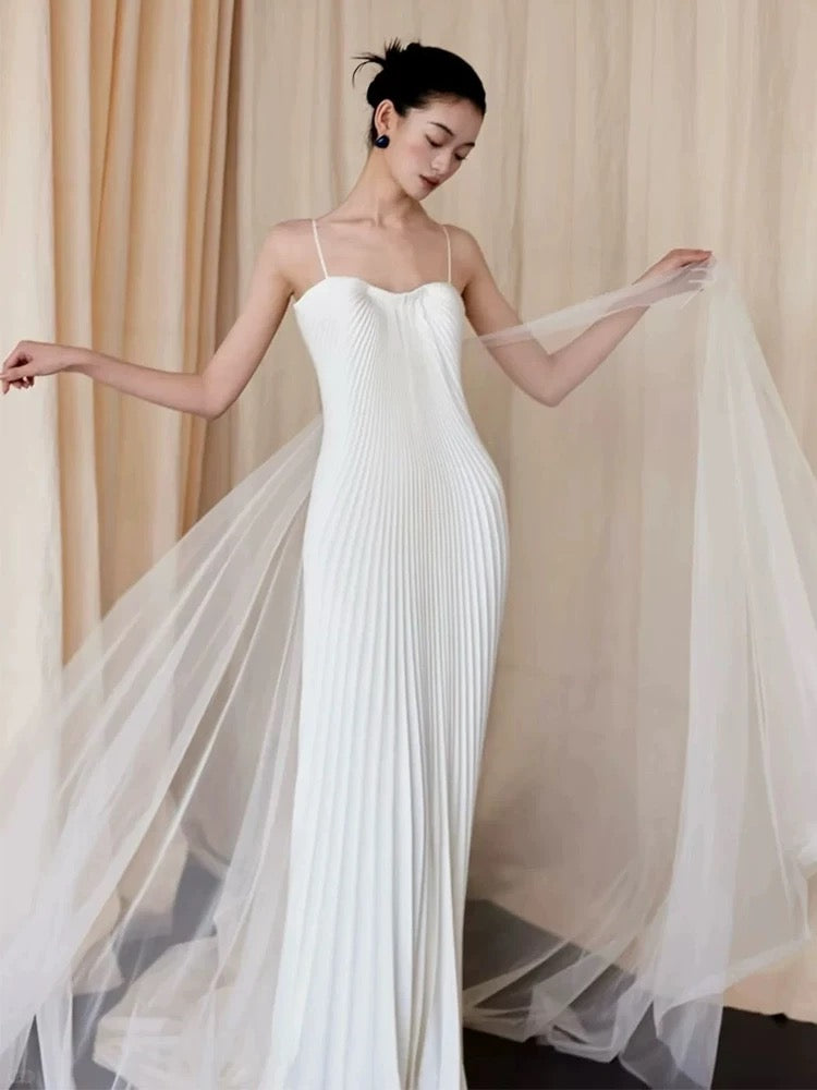 Simple A Line Spaghetti Strap White Tulle Wedding Bridal Dress Long Wedding Dresses RB5151