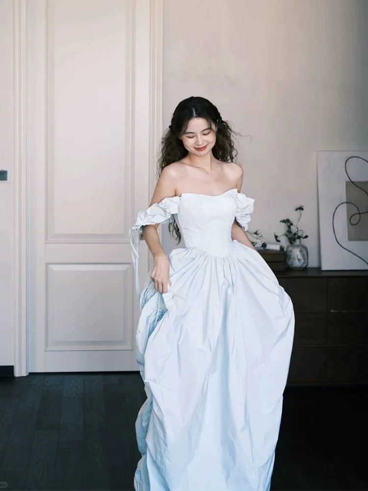 Stylish Ball Gown Off The Shoulder Light Blue Satin Long Floor Length Evening Dresses Inspo Evening Outfits RB5152