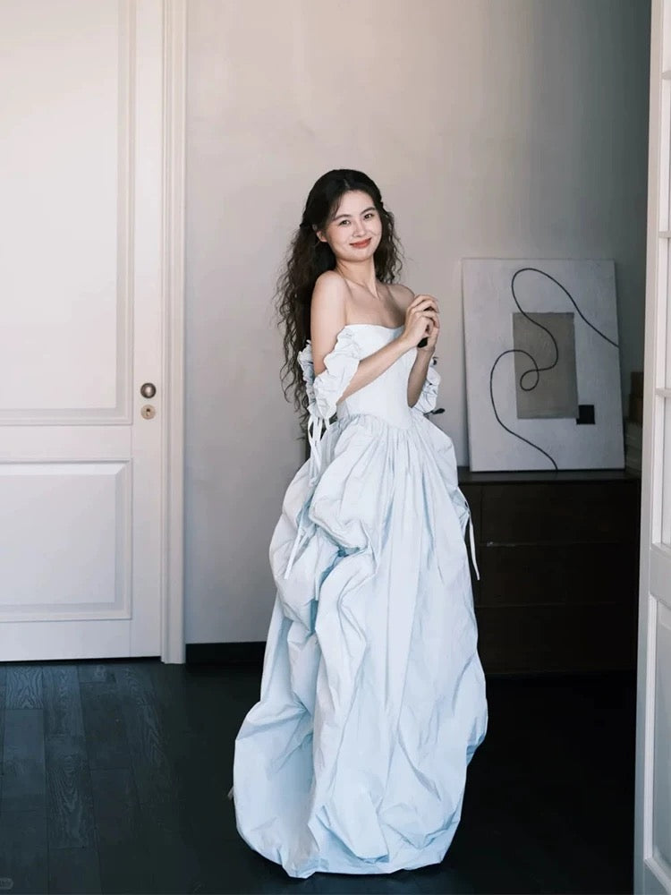 Stylish Ball Gown Off The Shoulder Light Blue Satin Long Floor Length Evening Dresses Inspo Evening Outfits RB5152