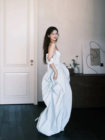 Stylish Ball Gown Off The Shoulder Light Blue Satin Long Floor Length Evening Dresses Inspo Evening Outfits RB5152