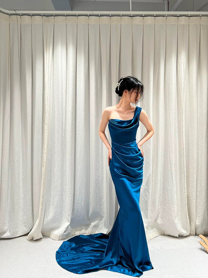 Unique Women's Mermaid One Shoulder Blue Satin Maxi Dress Date Night Outfits Outdoor Semi Formal Wedding Guest Dresses RB5156