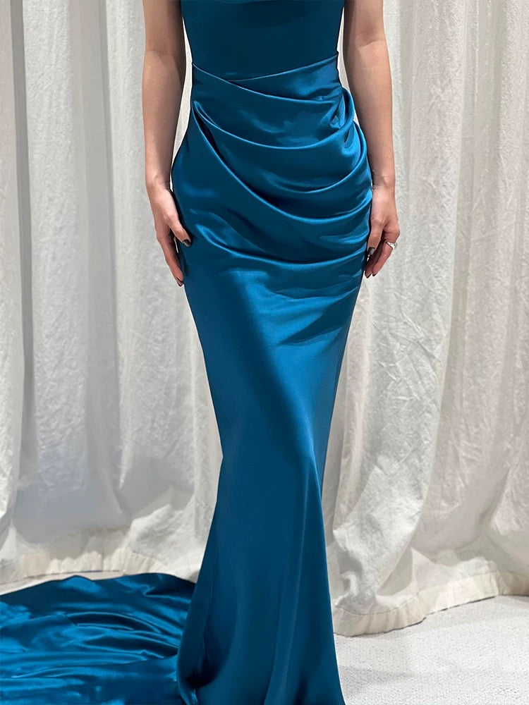 Unique Women's Mermaid One Shoulder Blue Satin Maxi Dress Date Night Outfits Outdoor Semi Formal Wedding Guest Dresses RB5156