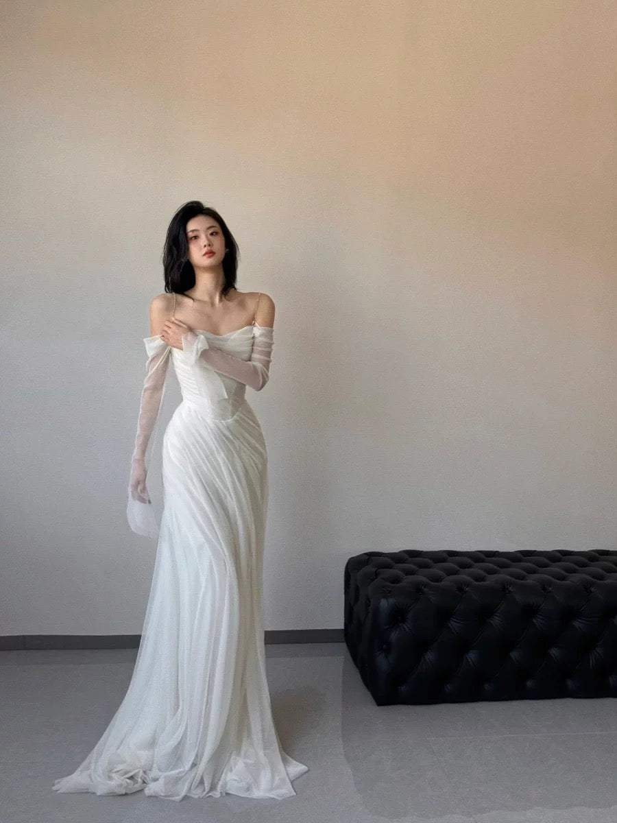 French Style Mermaid Spaghetti Strap With White Long Sleeves Bridal Dress Long Wedding Dresses RB5158