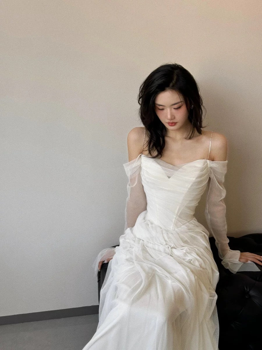 French Style Mermaid Spaghetti Strap With White Long Sleeves Bridal Dress Long Wedding Dresses RB5158