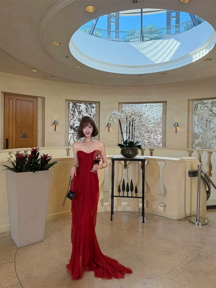 Unique Women's Mermaid Sweetheart Red Tulle Maxi Dress Date Night Outfits Outdoor Semi Formal Wedding Guest Dresses RB5159