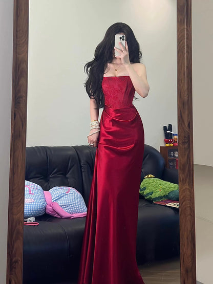 Unique Women's Mermaid Strapless Red Satin Maxi Dress Date Night Outfits Outdoor Semi Formal Wedding Guest Dresses RB5160
