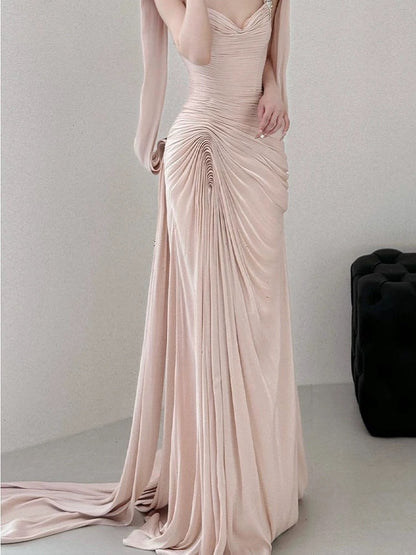 Stylish Mermaid Sweetheart Pink With Folded Satin Long Floor Length Evening Dresses Inspo Evening Outfits RB5161