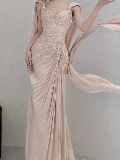 Stylish Mermaid Sweetheart Pink With Folded Satin Long Floor Length Evening Dresses Inspo Evening Outfits RB5161