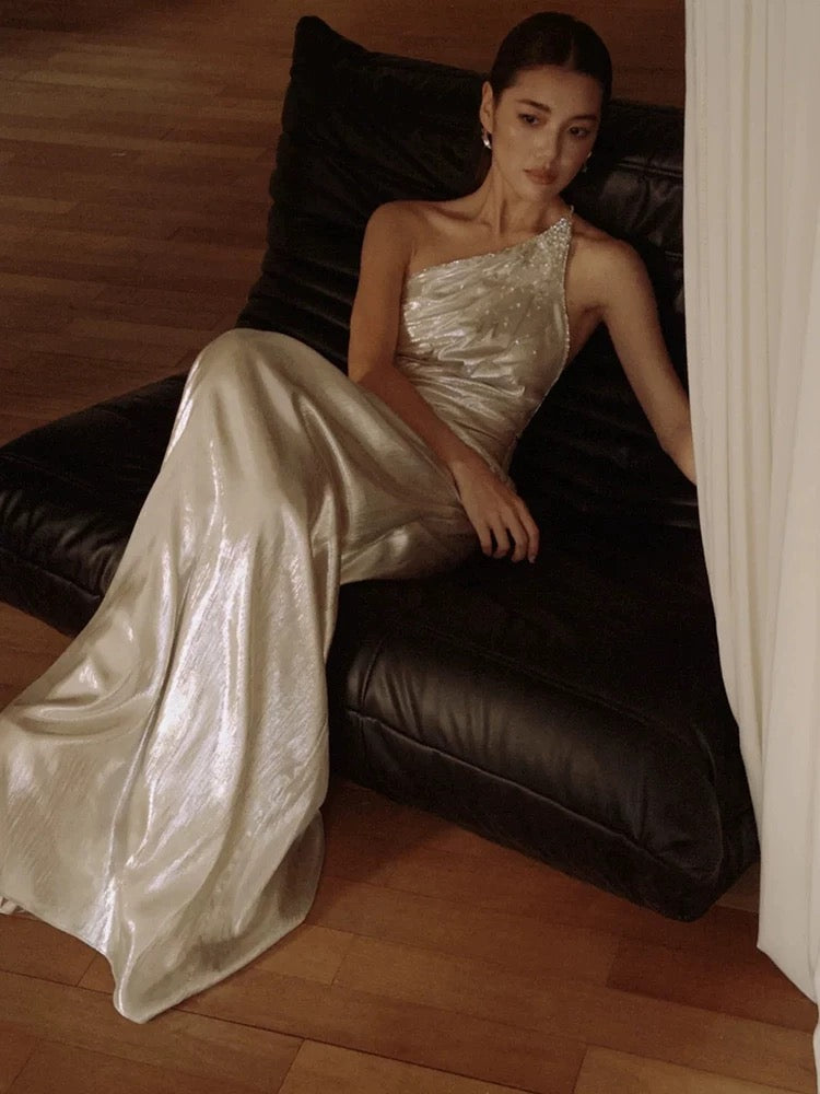 Sparkly Mermaid One Shoulder Sequined With Folded Long Floor Length Evening Dresses Inspo Evening Outfits RB5162