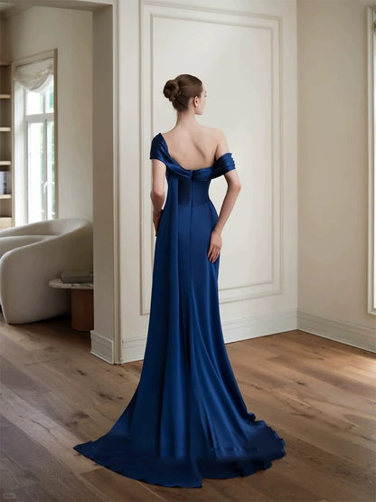 Modest Prom Dresses Mermaid One Shoulder Navy Blue Satin With Pleated Long Formal Dress N3160