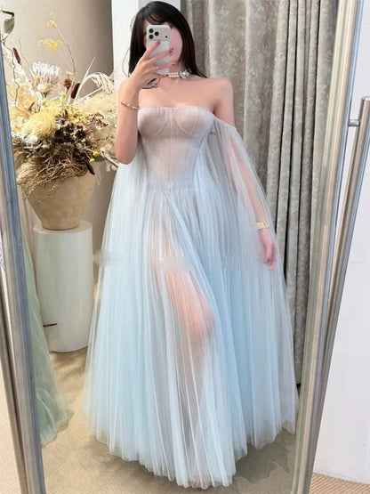 Sexy Prom Dresses A Line Off The Shoulder Light Sky Blue Tulle With Pleated Long Formal Dress N3161