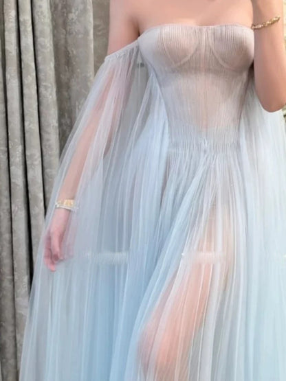 Sexy Prom Dresses A Line Off The Shoulder Light Sky Blue Tulle With Pleated Long Formal Dress N3161