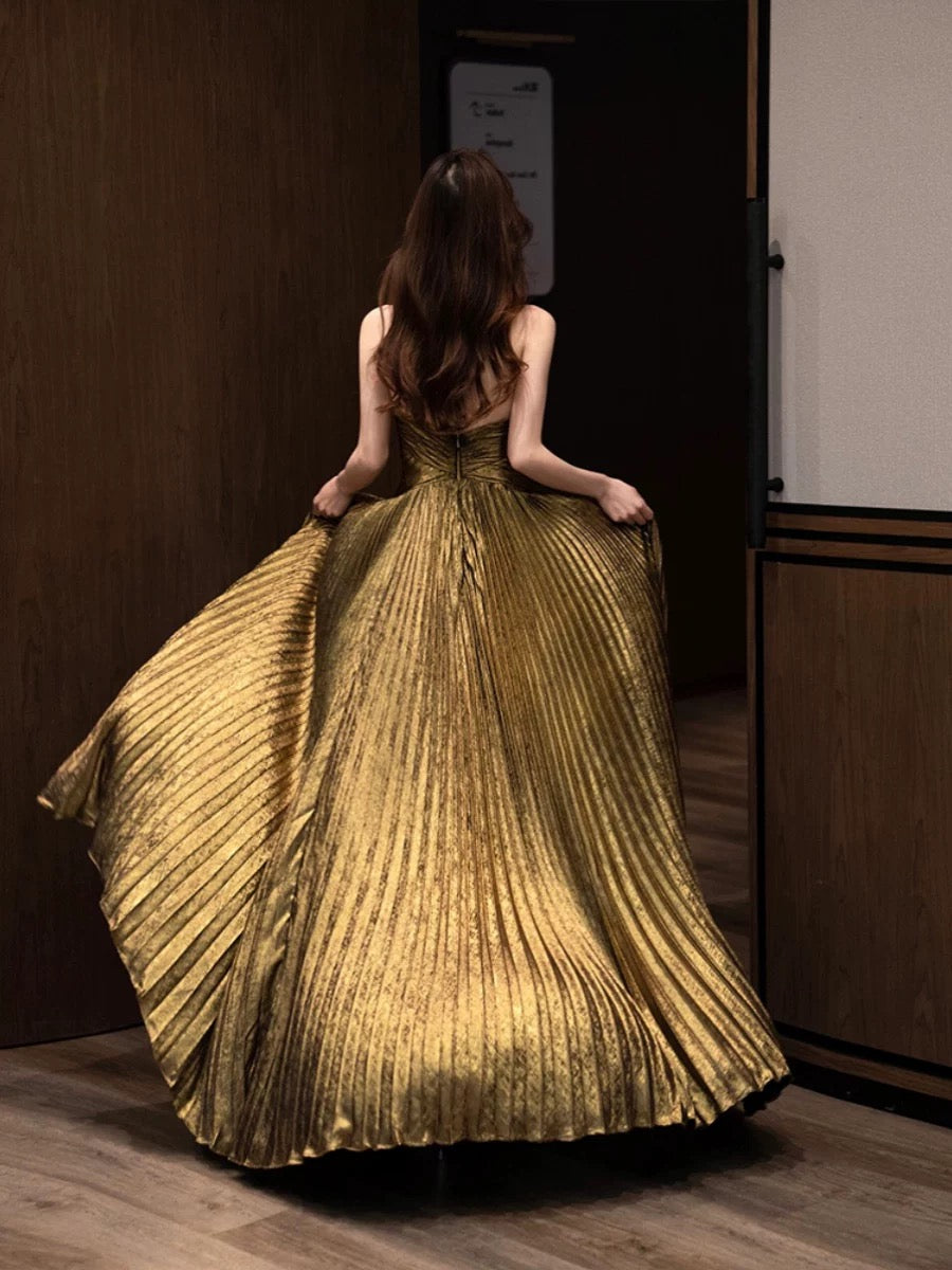 Simple Prom Dresses A Line Halter Sleeveless Slit With Pleated Long Formal Dress N3165