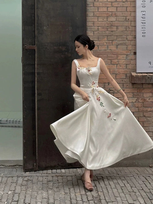 Simple Prom Dresses A Line Square Neck White Satin Ankle Length With Flowers Formal Dress N3166