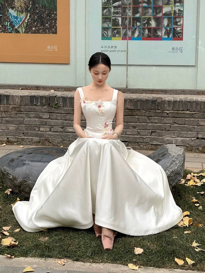 Simple Prom Dresses A Line Square Neck White Satin Ankle Length With Flowers Formal Dress N3166