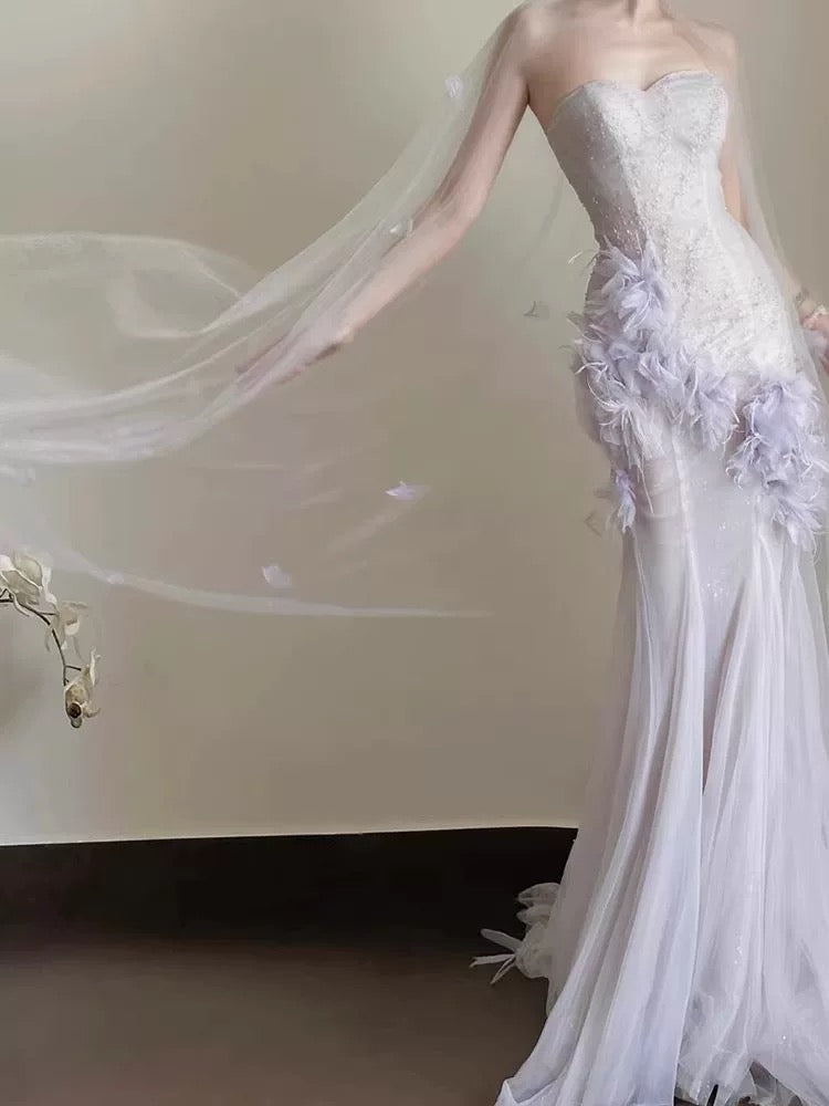 Simple Prom Dresses Mermaid Sweetheart Lilac Tulle With Feathers Formal Dress N3167