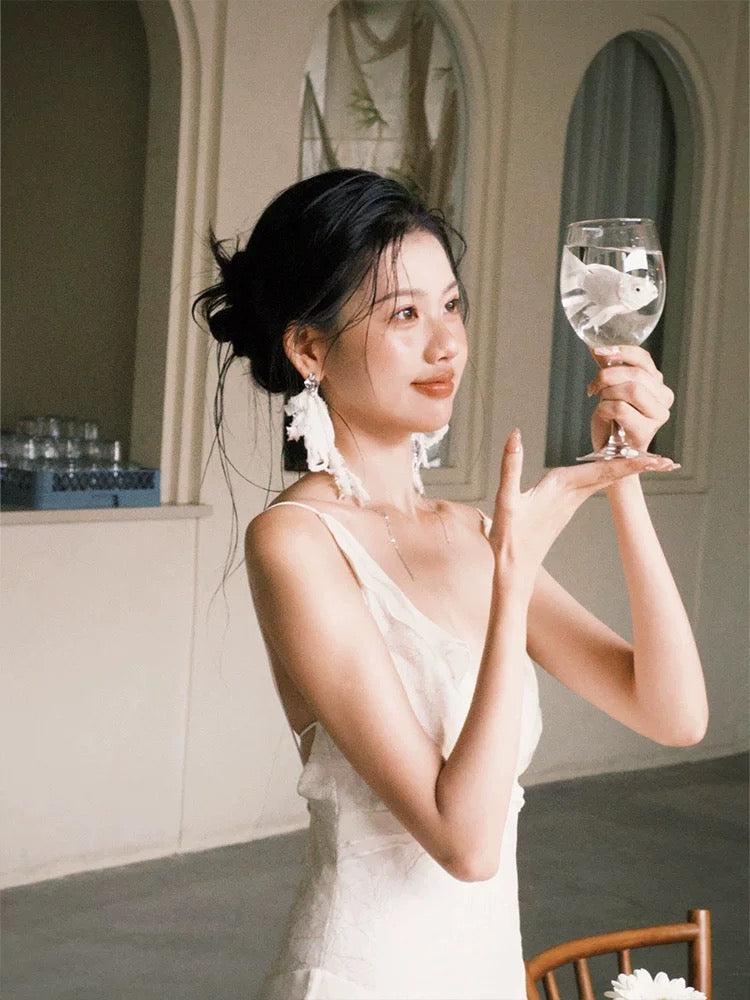 Unique Wedding Dresses Sheath V Neck White Chiffon French Style Long Bridal Gown N3168