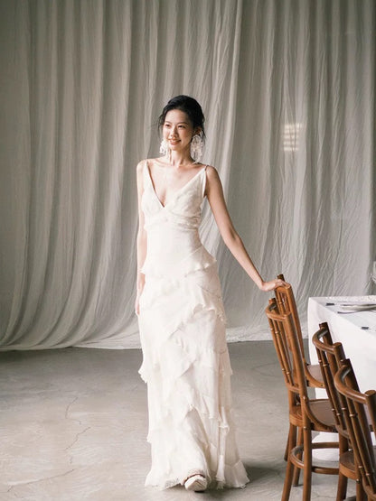 Unique Wedding Dresses Sheath V Neck White Chiffon French Style Long Bridal Gown N3168