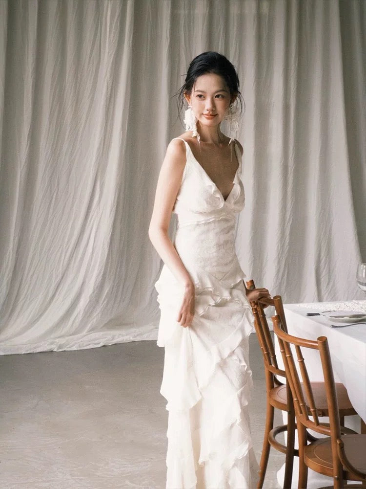 Unique Wedding Dresses Sheath V Neck White Chiffon French Style Long Bridal Gown N3168