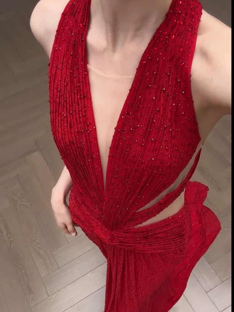 Simple Prom Dresses Mermaid V Neck Red Sequined With Pearls Long Formal Dress N3169