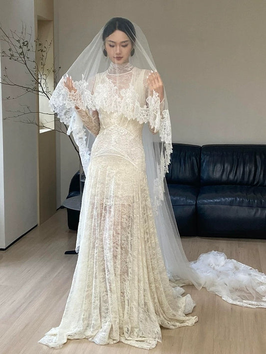 Unique Wedding Dresses Sheath High Neck Lace With Sleeves White French Style Long Bridal Gown N3171