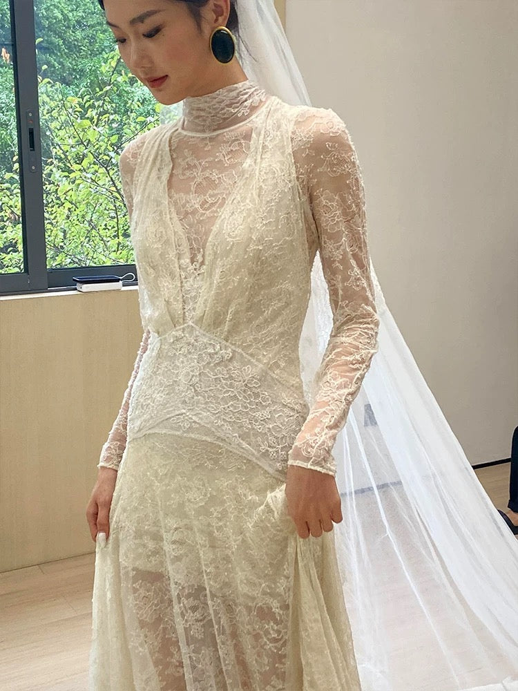Unique Wedding Dresses Sheath High Neck Lace With Sleeves White French Style Long Bridal Gown N3171