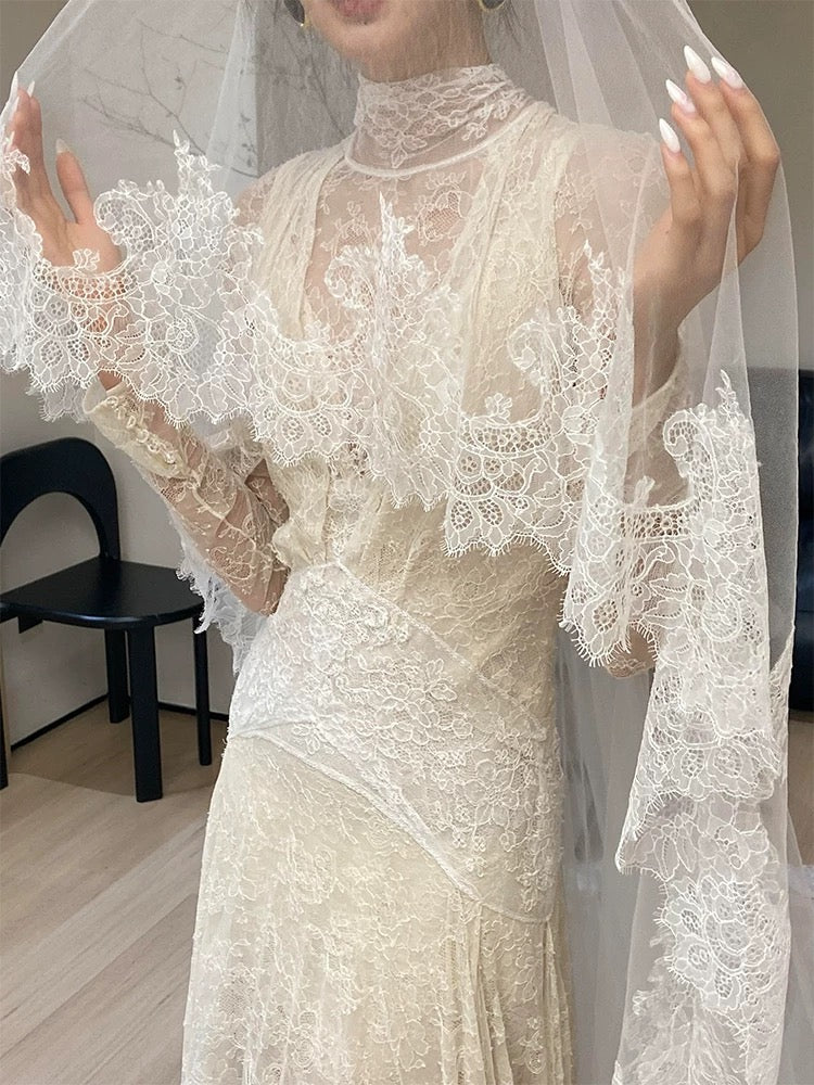 Unique Wedding Dresses Sheath High Neck Lace With Sleeves White French Style Long Bridal Gown N3171