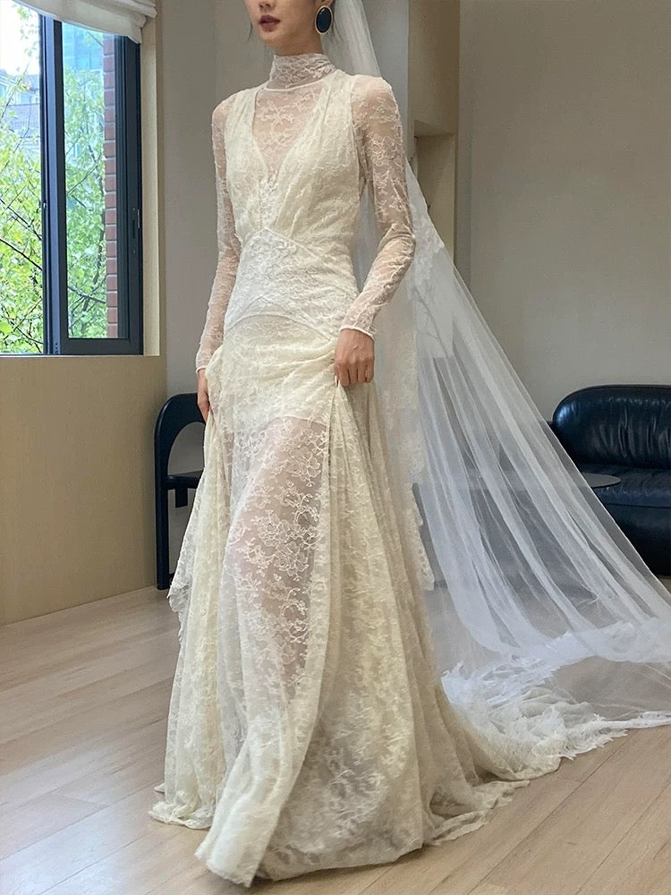 Unique Wedding Dresses Sheath High Neck Lace With Sleeves White French Style Long Bridal Gown N3171