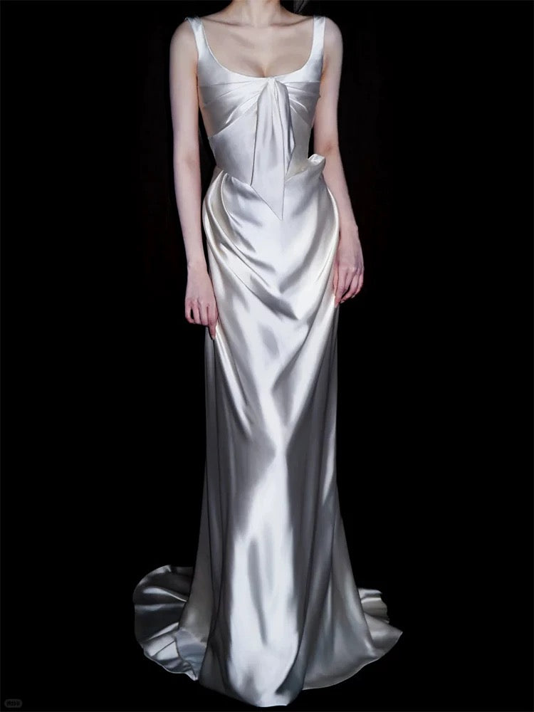 Unique Wedding Dresses Sheath Square Neck Satin White French Style Long Bridal Gown N3173