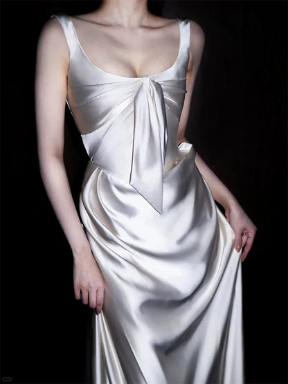 Unique Wedding Dresses Sheath Square Neck Satin White French Style Long Bridal Gown N3173