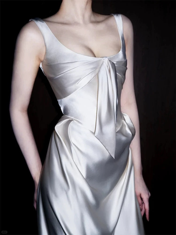 Unique Wedding Dresses Sheath Square Neck Satin White French Style Long Bridal Gown N3173